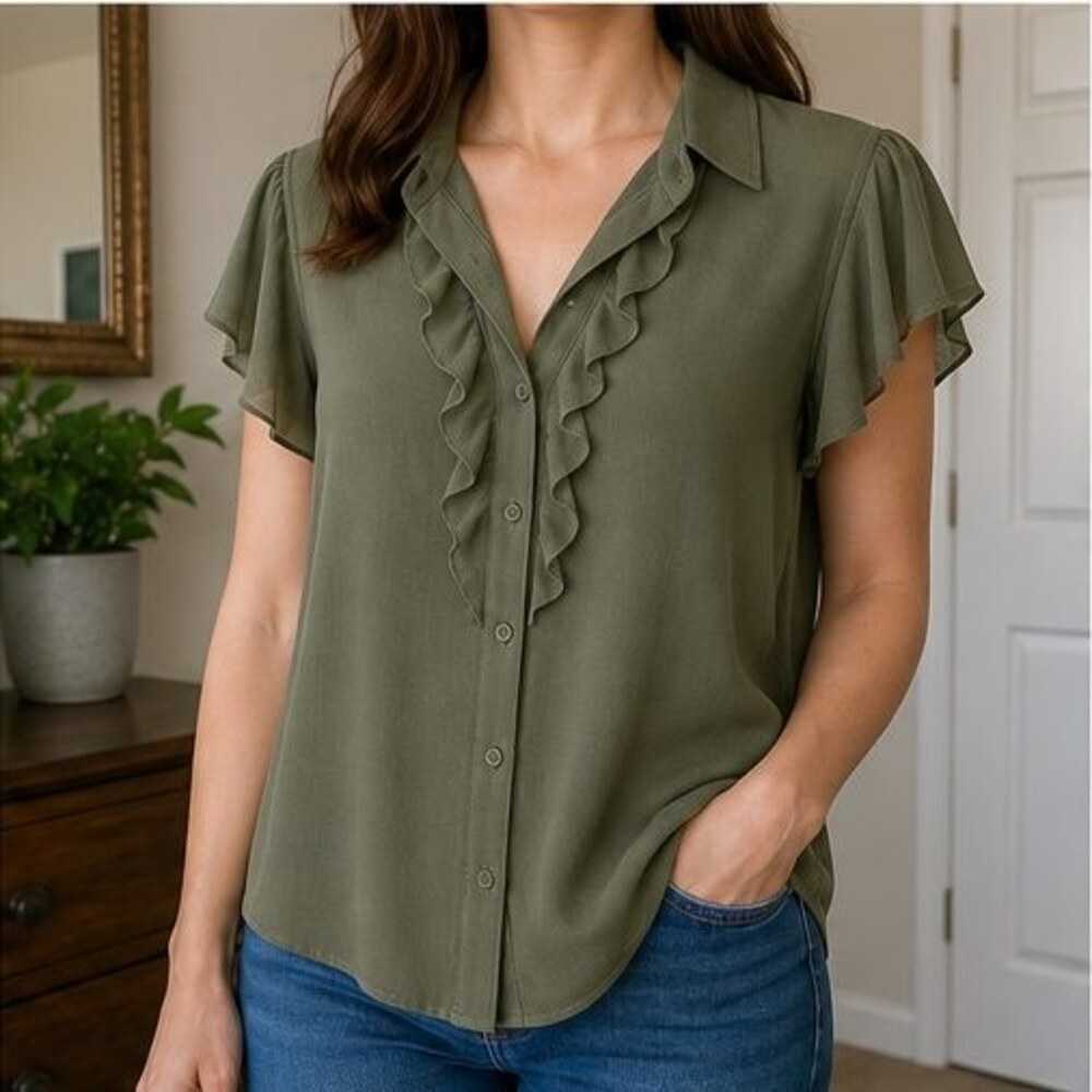 Olive Ruffle Blouse - Picture 2 of 6